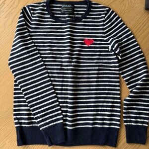 Cynthia Rowley Navy & White Striped Sweater w Red Heart Small 100% Merino Wool